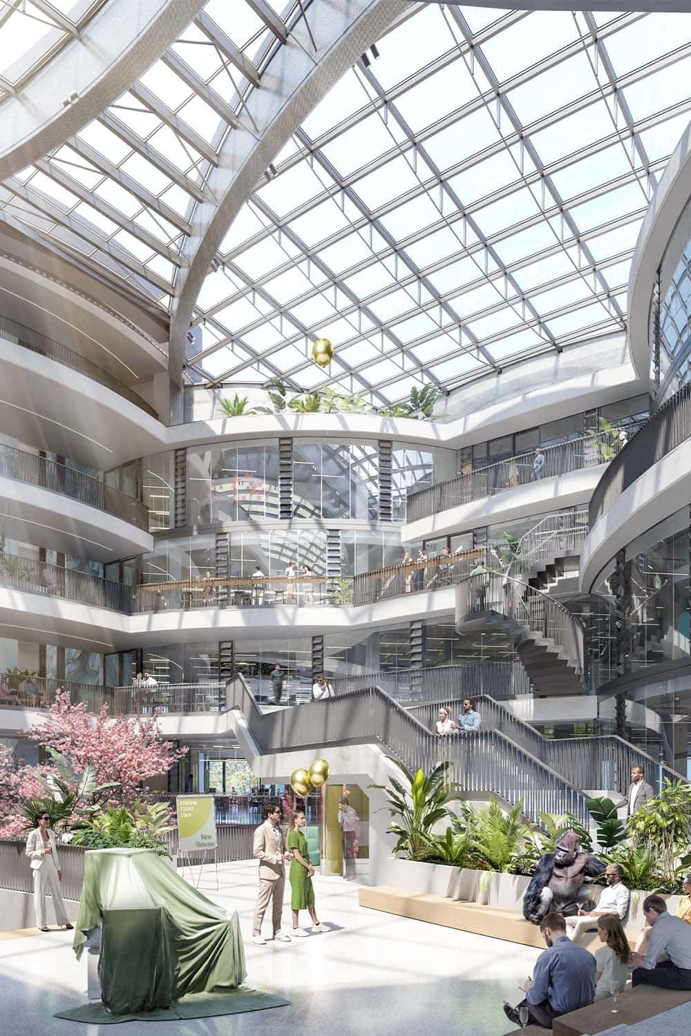 The indoor garden is located in the heart of the building. Unplanned interactions are characteristics of the space and give it an active vibe.